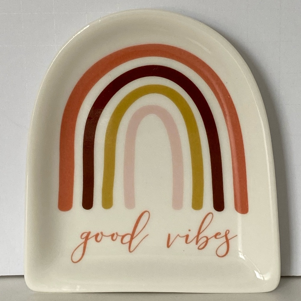 Kate Aspen Trinket Dish Good Vibes Ceramic Rainbow Tan Beige Natural EUC Nature